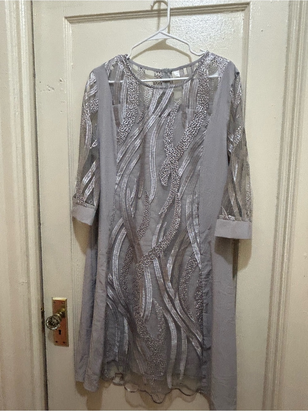 Modlily Women's Dress Sz XL Gray polyester w/Embroidered Sheer Sleeve & Overlay